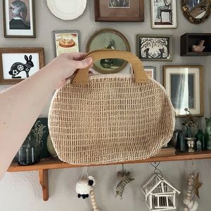 Vintage Twine and Mesh Bag with Wooden Handles
